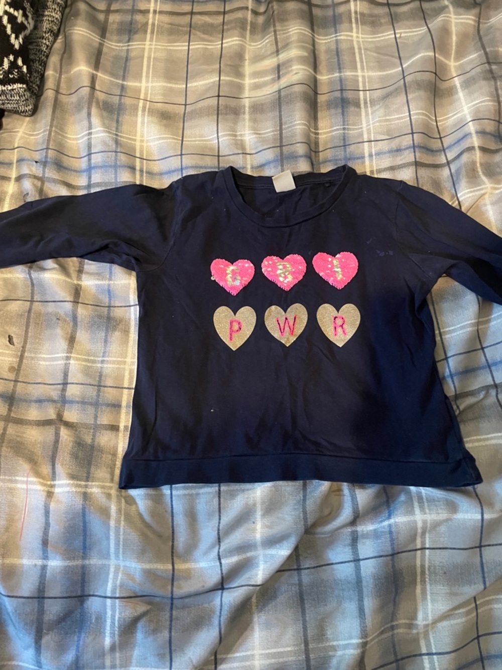 Skip Hop Navy Long Sleeve Tee with Pink Sequin Hearts and Gold Accents